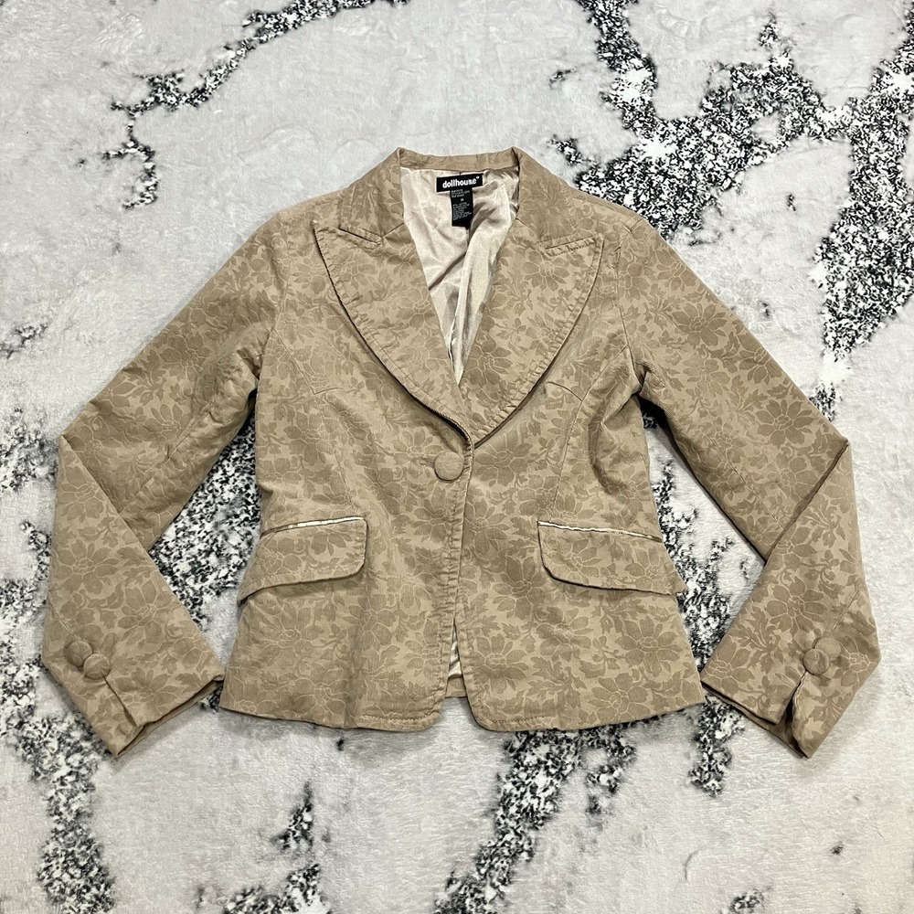 Dollhouse Floral Jacquard Blazer Tan Cotton Stretch Jacket Womens M
